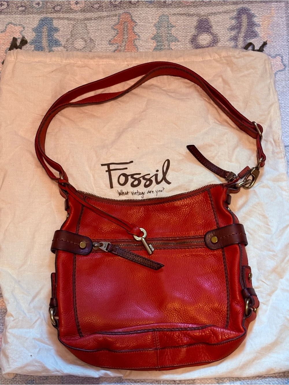 Fossil Red Pebbled Leather Shoulder Bag with Brass Accents